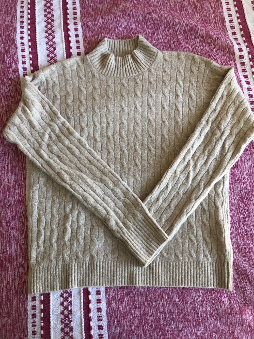 J.Crew Tan Beige Extra Soft Wool Blend Cable Knit Mock Neck Pullover Small